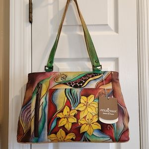 Anushka Handpainted Leather Tribal Lily Shoulder Bag TOTE Multicolor